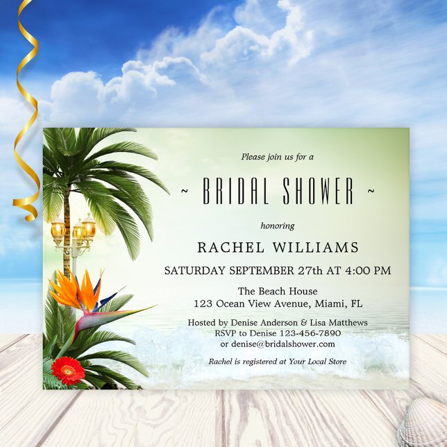 Convites Chá de panela de Palmeiras de praia tropical (Bridal shower invitation featuring a tropical beach scene with palm trees and lanterns at the ocean)