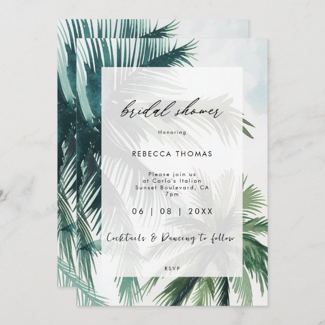 Convites chá de panela de palmeiras tropicais (Frente/Verso)
