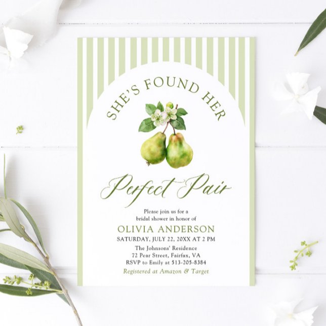 Convites Chá de panela de Par Perfeito com Listras Verdes M (Modern Green Gingham Perfect Pear Bridal Shower Invitation)