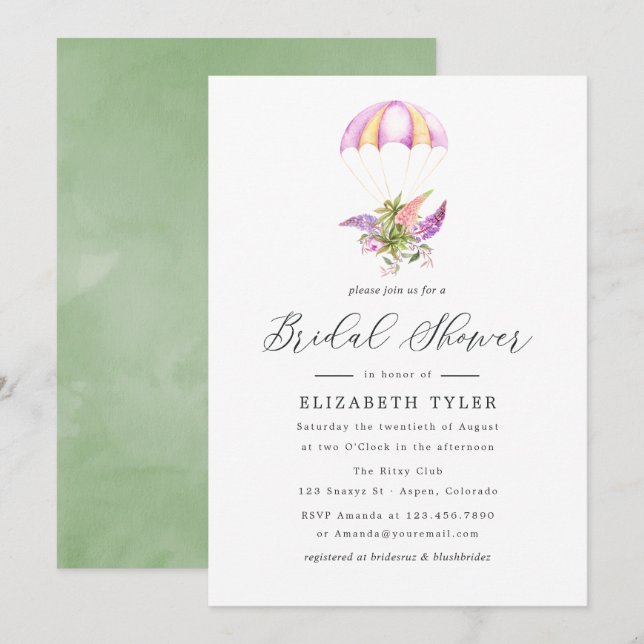 Convites Chá de panela de Paraquedas com Buquê Floral de Aq (Frente/Verso)