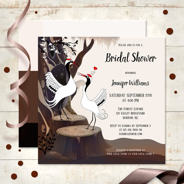 Convites Chá de panela de pássaros japoneses (Bridal shower invitation featuring an illustration of two Japanese cranes in love in a forest)