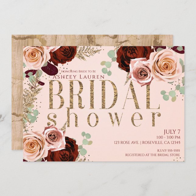 Convites Chá de panela de Peachy Rosa Dourado Pink Burgundy (Frente/Verso)