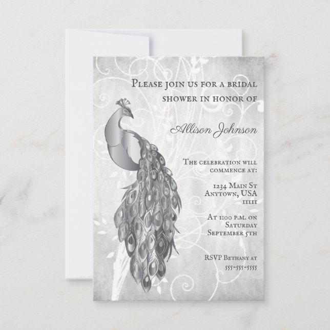 Convites Chá de panela de Peacock Silver (Frente)