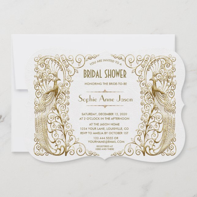 Convites Chá de panela de Peacocks de Deco de Arte Dourada  (Frente)