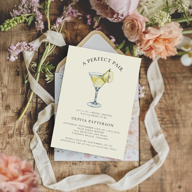 Convites Chá de panela de Pear Martini Modern Watercolor (A Perfect Pair Bridal Shower Invitation )