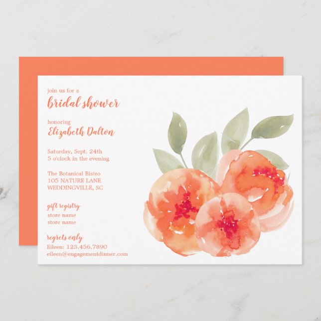 Convites Chá de panela de Pêonias de Aquarela Elegante (Frente/Verso)