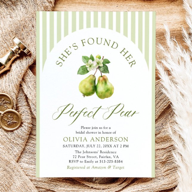 Convites Chá de panela de pera perfeito com faixas verdes m (Modern Green Gingham Perfect Pear Bridal Shower Invitation)