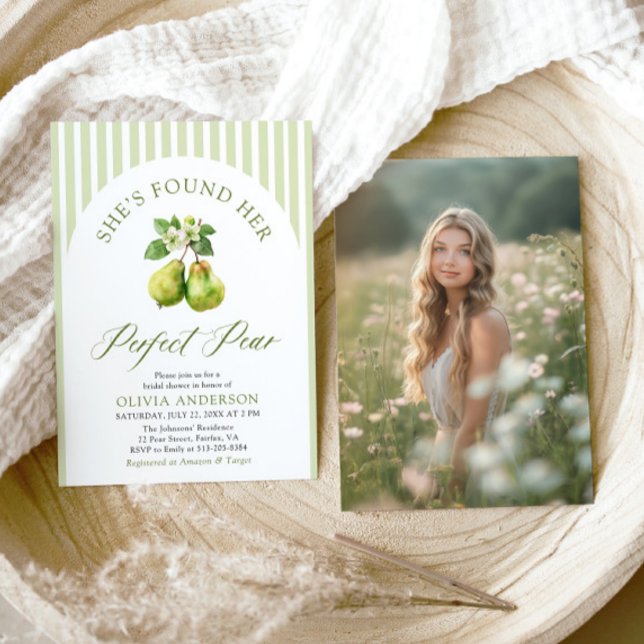 Convites Chá de panela de pera perfeito com faixas verdes m (Modern Green Gingham Perfect Pear Bridal Shower Invitation)