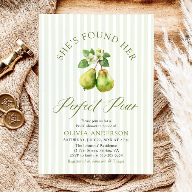 Convites Chá de panela de pera perfeito para Gingham Verde  (Modern Green Gingham Perfect Pear Bridal Shower Invitation)