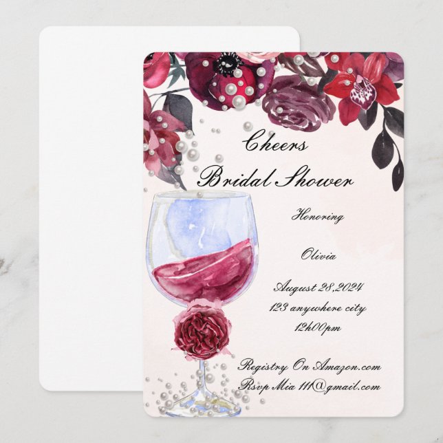 Convites chá de panela de pérolas florais burgundy (Frente/Verso)