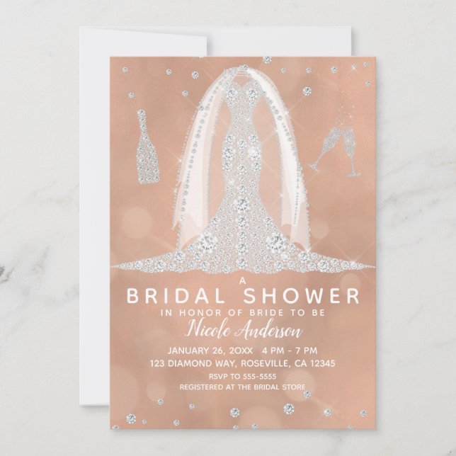 Convites Chá de panela de Pêssego de Vestido Glam Diamond (Frente)