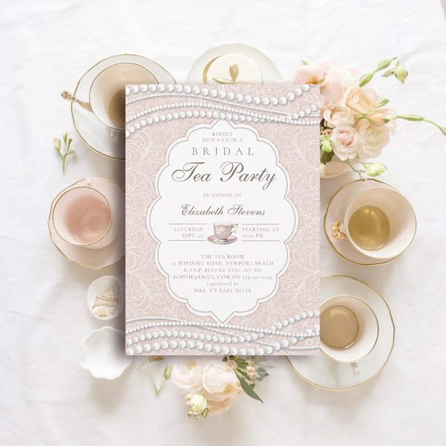 Convites Chá de panela de Pêssego Elegante do Tea Party (bridal tea shower party invitation lace pearls peach pink elegant modern classic chic)