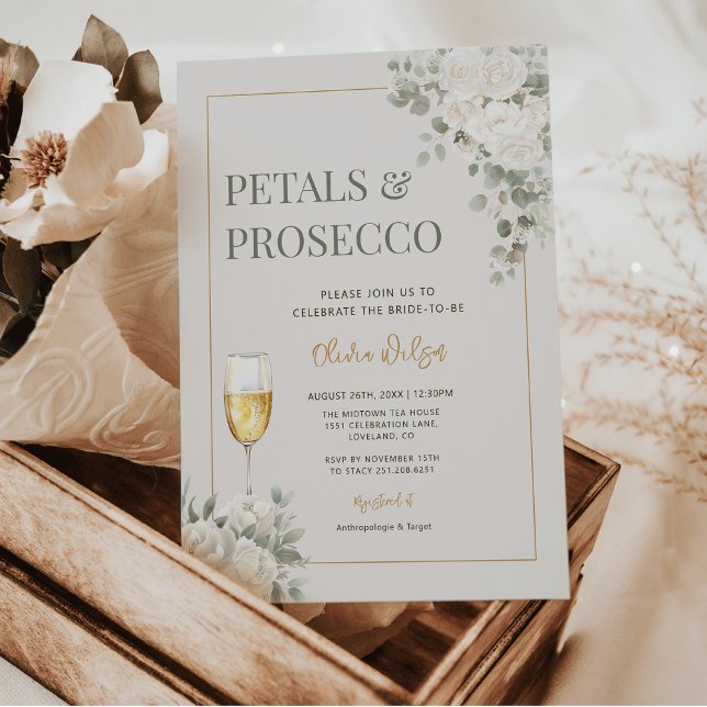 Convites Chá de panela de Petais e Prosecco de Marfim (Elegant Petals & Prosecco Ivory Petals | White Flowers  - white peonies & ranunculus Bridal Shower)