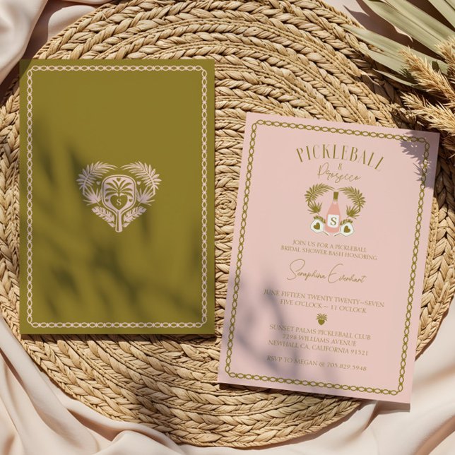 Convites Chá de panela de Pickleball Tropical e Prosecco (Retro Tropical Pickleball & Prosecco Bridal Shower Invitation)