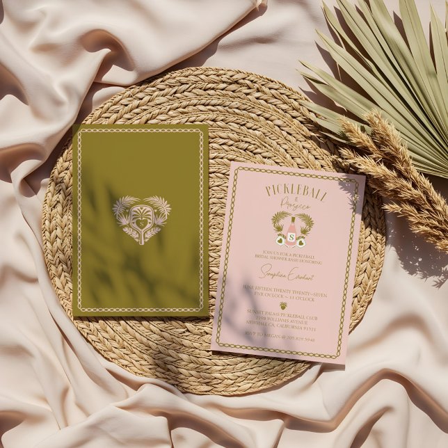 Convites Chá de panela de Pickleball Tropical e Prosecco (Retro Tropical Pickleball & Prosecco Bridal Shower Invitation)