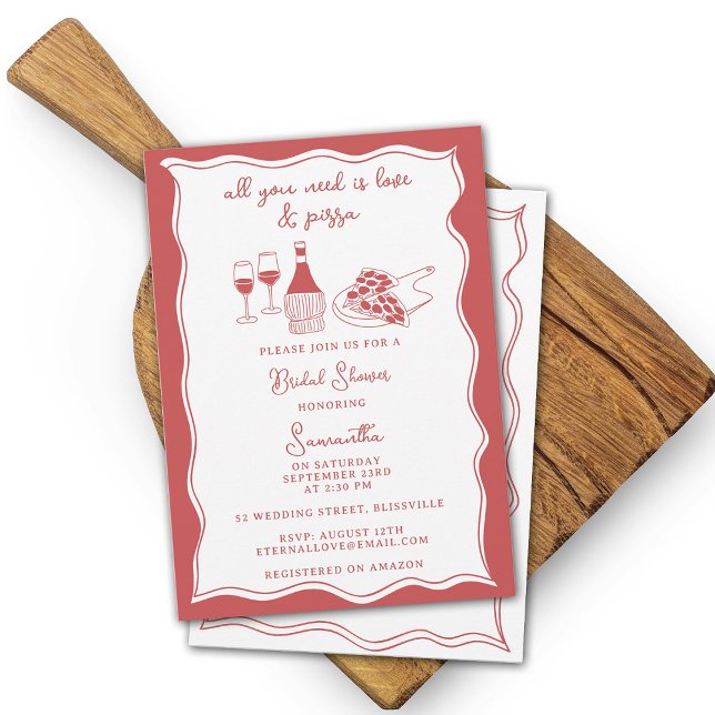 Convites Chá de panela De Pizza Italiana Desenhada À Mão Ve (Red Hand Drawn Italian Pizza Wine Bridal Shower Invitation)