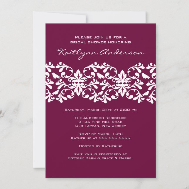 Convites Chá de panela de Plum & White Damask (Frente)