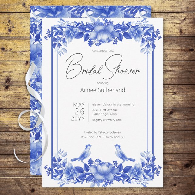 Convites Chá de panela de Porcelana Floral Azul e Branco (Blue & White Floral Porcelain Bridal Shower Invitation)