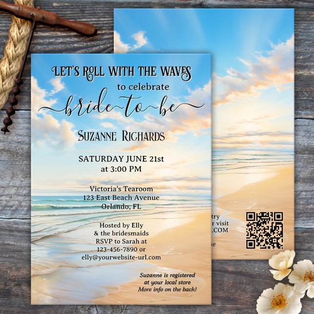 Convites Chá de panela de Praia de Aquarela Retroativa (Retro beach bridal shower invitation featuring a watercolor painting of a beach on a beautiful day)
