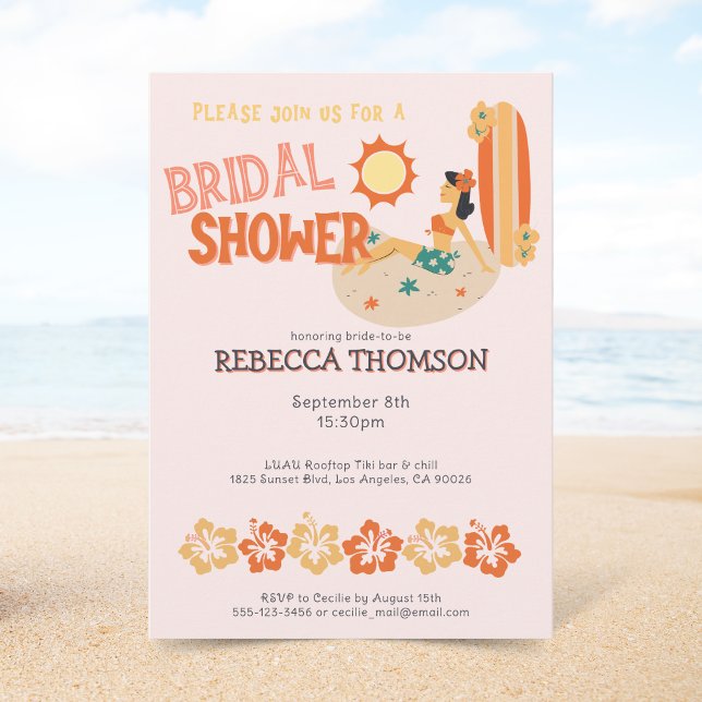 Convites Chá de panela de praia surf tropical de Tiki (Criador carregado)