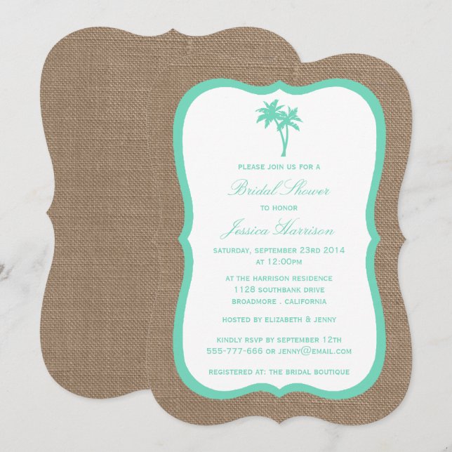 Convites Chá de panela de praia Tropical Palm Tree Burlap (Frente/Verso)