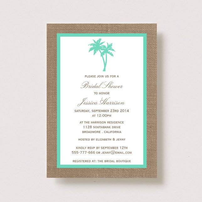 Convites Chá de panela de praia Tropical Palm Tree Burlap (Criador carregado)