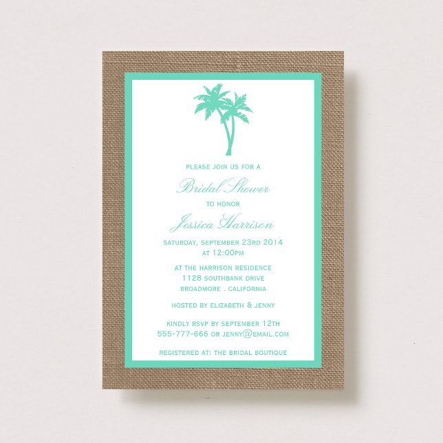 Convites Chá de panela de praia Tropical Palm Tree Burlap (Criador carregado)