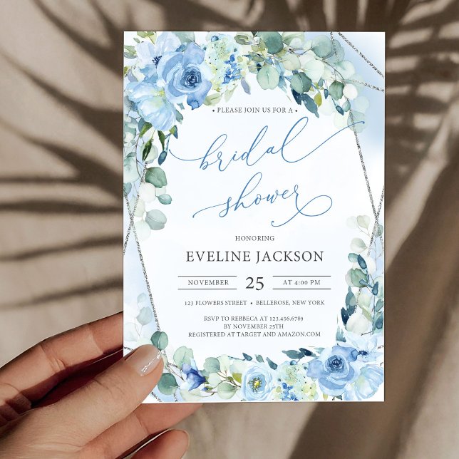 Convites Chá de panela de prata eucalipto flores azuis (boho watercolor blue flowers eucalyptus and silver frame bridal shower invitation digital)