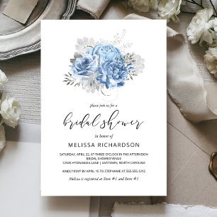 Convites Chá de panela de Prata Floral Azul Elegante Vintag