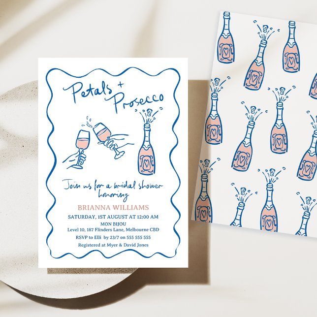 Convites Chá de panela de Prosecco desenhado à Mão Whimsica (Petals and Prosecco Bridal Shower Invitation Whimsical, Hand Drawn Illustration, Blue Pink Bottle)