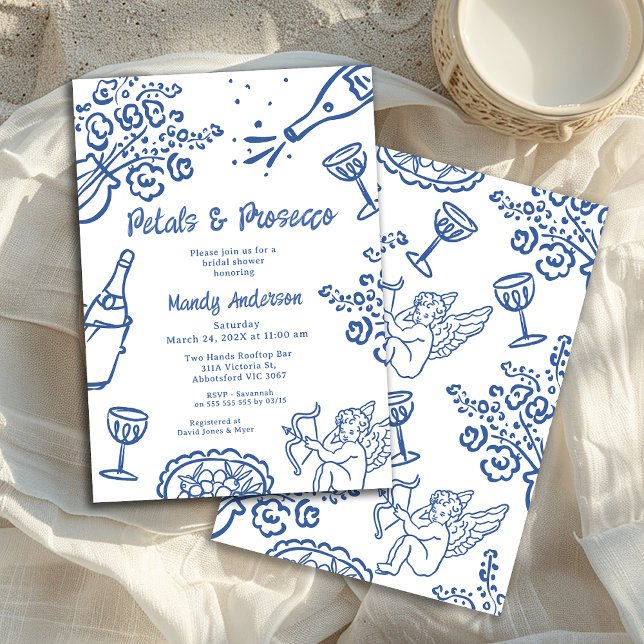 Convites Chá de panela De Prosecco Petal Azul Desenhado Qui (Blue Whimsical Drawn Bridal Shower Invitation, Petals Prosecco Bridal Shower Invitation, Floral)