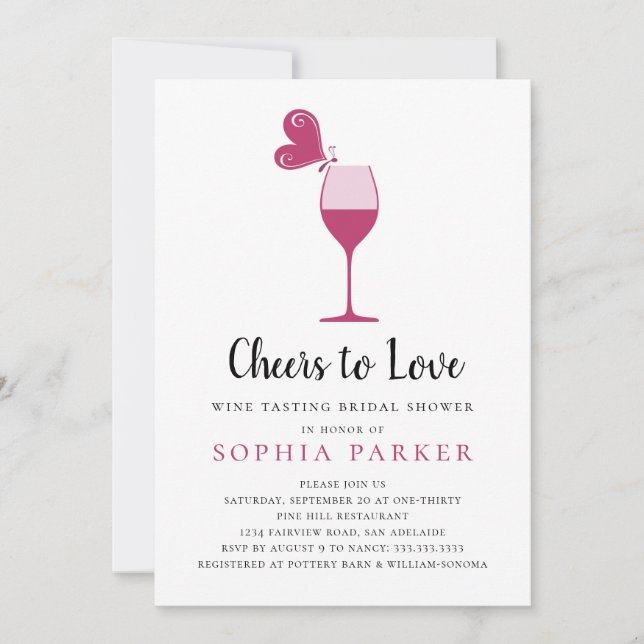 Convites Chá de panela de Provando de vinho Rosa da borbole (Frente)