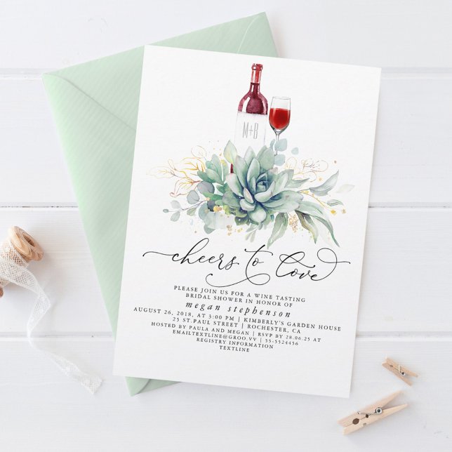 Convites Chá de panela de Provando de vinho verde (Cheers to Love Wine Tasting Greenery Bridal Shower Invitations)