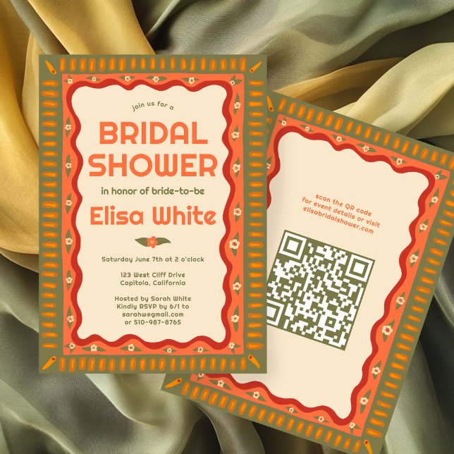 Convites Chá de panela de QR PERSONALIZADO de Boho Retroati (Retro Boho Fun Handmade CUSTOM QR Bridal Shower Invitation
)