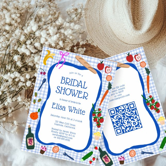 Convites Chá de panela de QR PERSONALIZADO de Gingham Picni (Gingham Picnic Modern Cute CUSTOM QR code Bridal Shower Invitation
)
