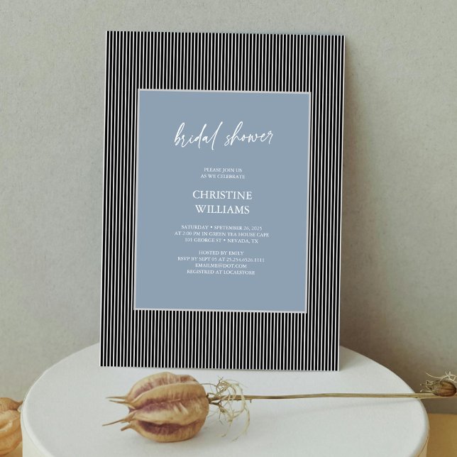 Convites Chá de panela de quadro com risca azul empoeirado (Gorgeous Dusty Blue: Modern Stripes Bridal Shower Invitation Personalized)