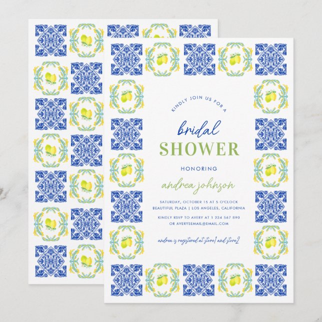 Convites Chá de panela de quadro de Azulejo azul-limão ital (Frente/Verso)