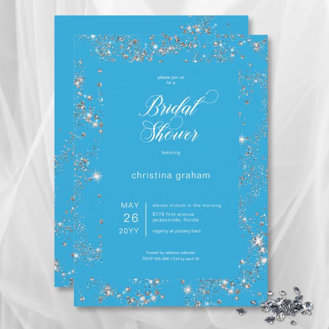 Convites Chá de panela de Quadro de Diamante de Glam Azul M (Modern Blue Glam Diamond Frame Bridal Shower Invitation)