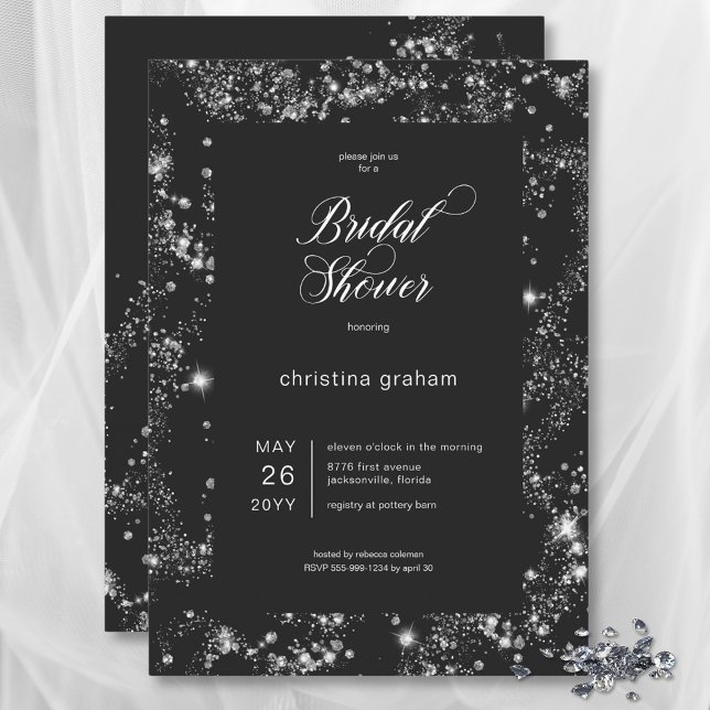 Convites Chá de panela de Quadro de Diamante de Glam Preto  (Modern Black Glam Diamond Frame Bridal Shower Invitation)