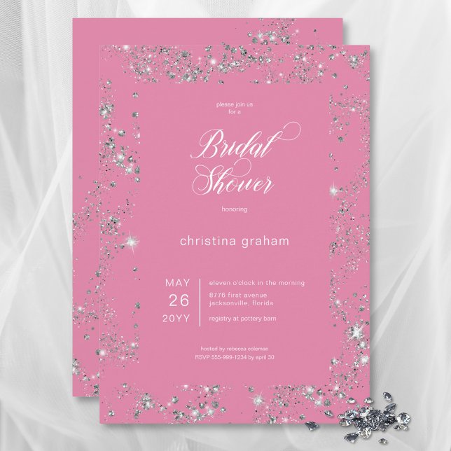 Convites Chá de panela de Quadro de Diamante de Glam Rosa M (Modern Pink Glam Diamond Frame Bridal Shower Invitation)