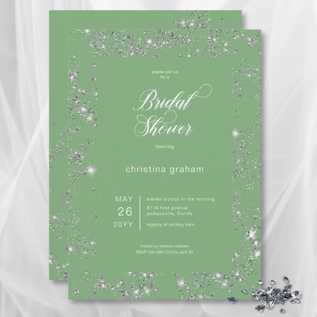 Convites Chá de panela de Quadro de Diamante de Glam Verde  (Modern Green Glam Diamond Frame Bridal Shower Invitation)