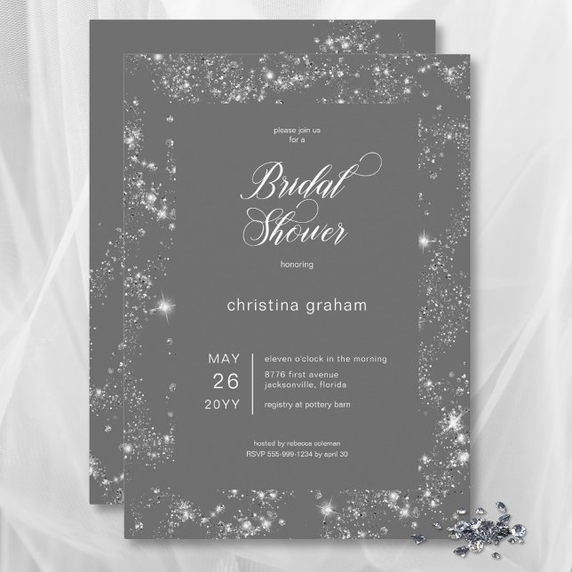 Convites Chá de panela de Quadro de Glam Diamond da Cinza M (Modern Gray Glam Diamond Frame Bridal Shower Invitation)
