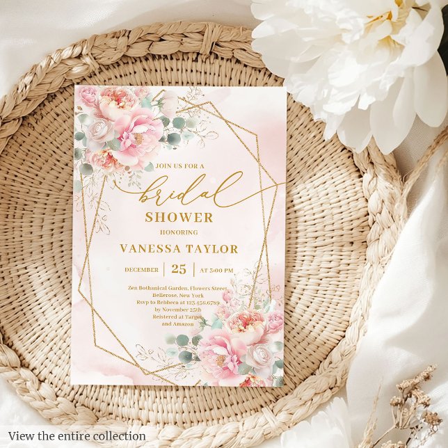 Convites Chá de panela de Quadro Dourado Rosa  Blush do Boh (Classic Boho Blush Pink Gold Frame Bridal Shower Card)