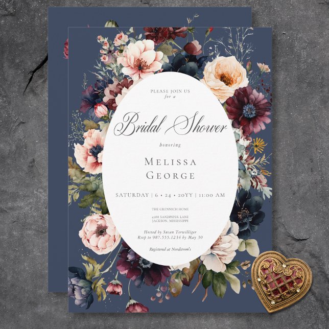 Convites Chá de panela de Quadro Floral Oval Azul Escuro (Dark Blue Oval Floral Frame Bridal Shower Invitation)