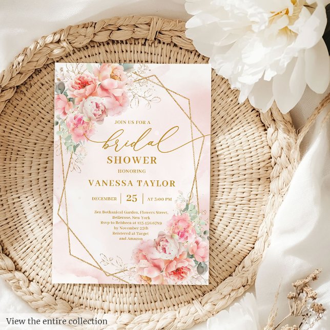 Convites Chá de panela de Quadro Glitter Dourado com Blush  (Modern Boho Blush Gold Glitter Frame Bridal Shower Invite)