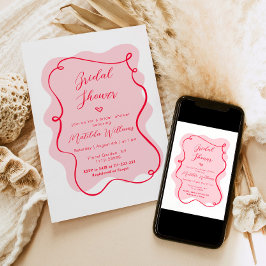 Convites Chá de panela de quadro ondulado cor-de-rosa e ver