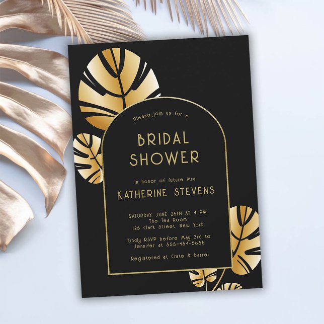 Convites Chá de panela de Quadros de Folha de Folha Tropica (art deco gold tropical leaf boho arch bridal shower invitation gatsby roaring 20s elegant modern)