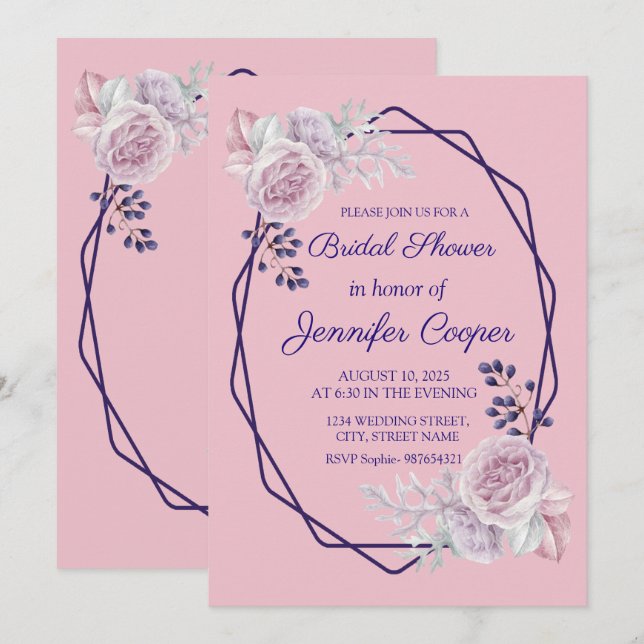 Convites Chá de panela de Quadros Geométricos Roxos (Frente/Verso)