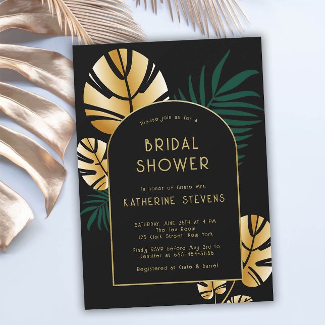 Convites Chá de panela de Quadros Tropicais de Boho da Selv (art deco tropical jungle black gold bridal shower invitation gatsby roaring 20s elegant botanical )