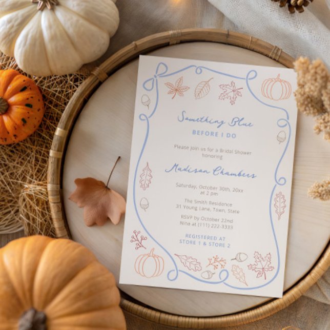 Convites Chá de panela de queda azul desenhado à mão (Fall-theme Something Blue Bridal Shower invitation featuring hand drawn pumpkins and autumn leaves)